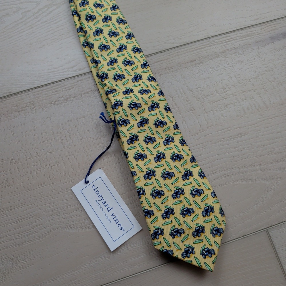 NEW Vineyard Vines Boys Jeep & Surfboard Silk Tie Yellow Hand Made in USA